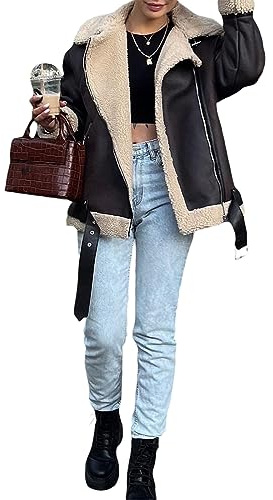 FeMereina Women Faux Lamb Fur Leather Short Jacket Lapel Zipper Bomber Outwear Faux Suede Lapel Coat Warm Biker Motor Aviator Coat (Dark Brown, M)