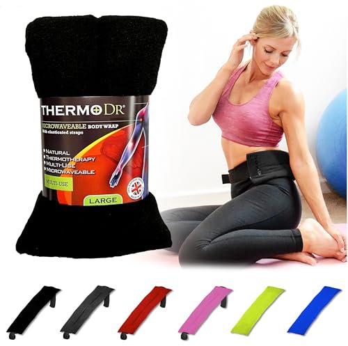 Wärmekissen Mikrowelle mit Weizenkörnern - Wärmekissen Nacken für Rücke & Schultern mit elastischem Gurt - Wärmebeutel - ThermoDR, Schwarz mit Riemen