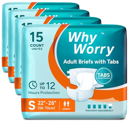 WhyWorry Adult Nappies for Women and Men, Small, 60 Count | Disposable Adult Diapers, Incontinence Briefs with Maximum Absorbency, Overnight Protection, Odor Control, Unisex, 4 Packs