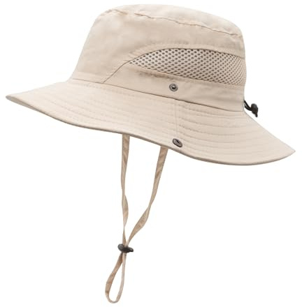 YAMEIZE Sommar vattentät hink hatt med snöre för kvinnor män barn vuxna UV-skydd stark rem hatt fiske vandring klättring, Khaki-vuxen, one size