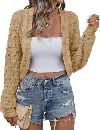 Kistore Women's Cardigans Fall Winter Bolero Shrugs for Dresses Lightweight Casual Long Sleeve Open Front Knit Sweaters Khaki M