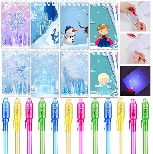 Junyaoii Lot de 24 bonbonnières sur le thème de la Reine des Neiges, 12 stylos UV et 12 mini carnets de notes de fête d'anniversaire pour enfants, calendrier de l'Avent et petits cadeaux pour enfants