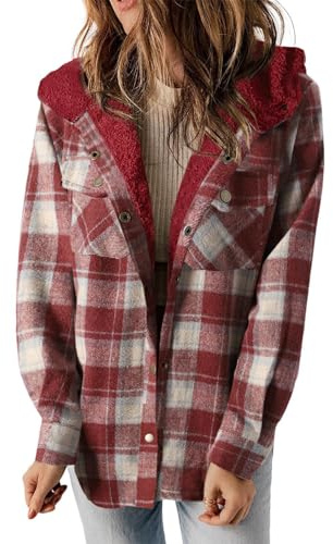 Fleece Lined Jacket for Women Uk Plaid Warm Winter Hooded Coats Fluffy Plush Pullover Tops Loose Fit Comfy Sweatshirt Long Sleeve Button Down Lumberjacket Sherpa Quilted Checked Shirt Tops