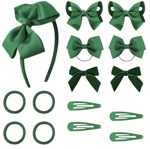 15 Pcs Green Hair Accessories Set, Solid Bow Hairs Clips, Headband, Ribbon Bow Hairs Pieces, Ponytail Holders and Barrettes, Green School Hair Accessories Kit for Little Girls, Toddlers, Teens