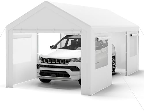 COSTWAY Garaje Exterior para Coche, Cobertizo Exterior para Coche con Ventanas Enrollables, Paredes Laterales y Puertas Desmontables, Lona de PE Resistente al Agua (586 x 305 x 280 cm,Blanco)
