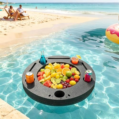 Grand Porte-Boisson Flottant Noir, Plateau rafraîchissement Portable pour Piscine, Jacuzzi et Plage, Accessoire décoration Pratique pour Toutes Vos fêtes Aquatiques