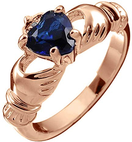 GWG Jewellery Bague d'amour Claddaghs Plaqué en Or Rose 18K avec Pierre Bleu Saphir en Forme De Cœur, Mains Et Couronne – 8 dans Boîte Cadeau pour Femme