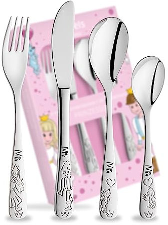 Geschenkfreude Prinzessin Kinderbesteck mit Namensgravur - Taufgeschenk Mädchen/Junge - Besteck personalisiert - einzigartiges Kinderbesteck mit Gravur - personalisierte Geschenke Kinder 4-teilig