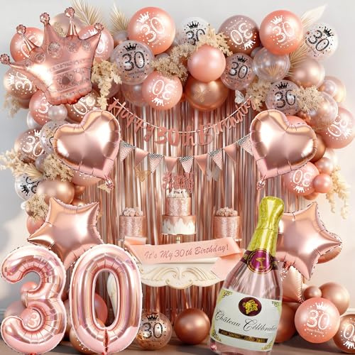 Rose Gold 30th Birthday Decoration for Women - Happy 30th Birthday Banner, Triangle Flag Banner, Number 30 Balloons, Foil Curtains for Party Decorations
