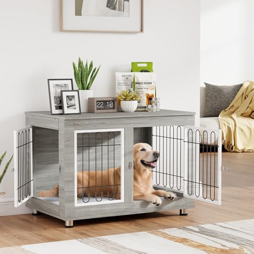 PawHut Dog Crate Furniture, Indoor Dog Kennel Side End Table with Cushion, Double Doors, for Medium and Large Breeds, 90 x 58 x 65 cm, Grey