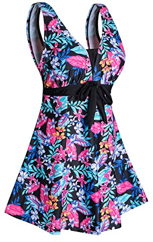 Ecupper Maillot de Bain Une Pieces pour Femme Rétro Jupe avec Volantée Contrôle du Ventre Push Up Col en V Fleur Violette 3XL
