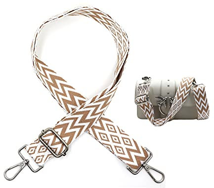 Schultergurt für Taschen Breit 3.8cm, Taschengurt Boho Verstellbar 80-141cm, Tragegurt Schulterriemen mit Karabiner für Schultertaschen Taschen Handtaschen (Weißbraun)