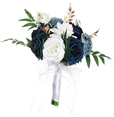 Perfeclan Bridal Wedding Bouquets Artificial Rose Flowers Bouquet Handmade Romantic Wedding Bouquets for Bride Bridesmaid Holding Flowers, Blue White