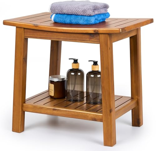 Upolana Teak Shower Bench, 20 Solid Wood Shower Stool Waterproof Shower Seat with Storage Shelf for Bathroom, Indoor & Outdoor Use