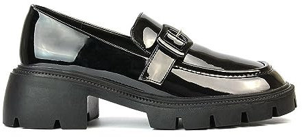 Womens Chunky Loafers Ladies Slip On Low Heel Platform Pumps Felixble Cussioned Sole Buckle Black Patent Shoes Size 7