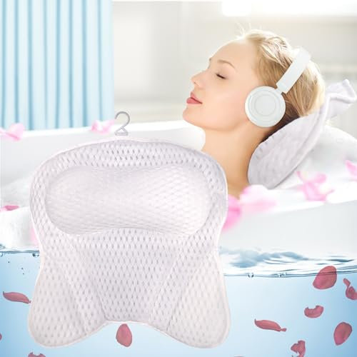 LOVICVKEM Cuscino da Bagno, Cuscini Poggiatesta da Vasca, 4D Mesh Cuscino Vasca da Bagno con 6 Ventose Antiscivolo, Home Spa Per Collo Della Vasca E Supporto Per La Schiena（Bianco）