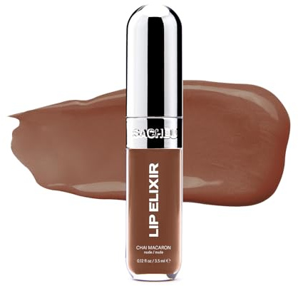 Sacheu Lip Elixir Nourishing and Hydrating Lipgloss — Moisturizing Plumping Lip Gloss Enriched with Collagen, Non-Sticky Lip Color Smooth High-Shine Finish, Vegan & Cruelty-Free, Chai Macaron