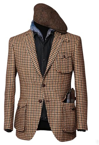 RAJEGAR Giacca Uomo Blazer Sportivo a Quadri Tweed Norfolk Casual in Lana Misto Lana Vintage British Abito da Sposo Giacche da Caccia, Pied de poule, 5XL