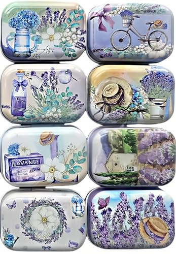 RSACCSKY 8Pcs Metal Hinged Tin Box Container Floral Farmhouse Rustic Mini Portable Small Storage Container Kit with Lid for Home Storage 2.1x1.5x1 Inch (Purple)
