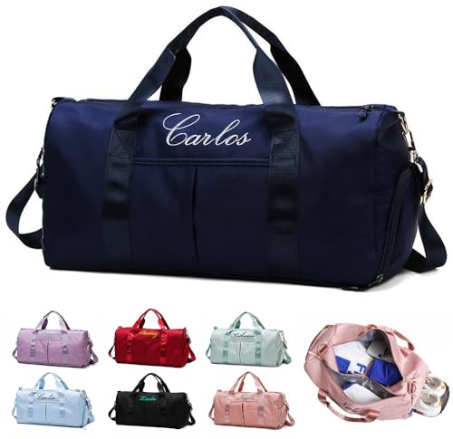 Borsone da Viaggio Personalizzato,Borsa da Ginnastica Sportiva Personalizzabile,Borsa da Viaggio ricamata personalizzata con sacca per il bagnato/asciutto e tasca per le scarpe (Blu marino)
