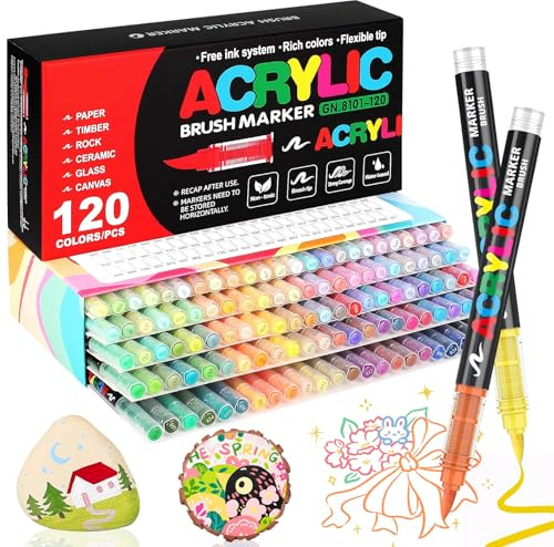 WOGOPRO 120 Couleurs Feutre Acrylique, Marqueur Acrylique, Liquide Direct Acrylic Paint Marker, Stylo Acrylic pour Coloriage, Calligraphie, Bois, Pierre, Toile, Céramique
