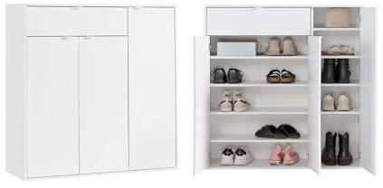 mokebo Schuhschrank 'Der Concierge' (109x114 cm) aus Holz, Schuhregal mit DREI Türen und Einer Schublade, Aufbewahrungsschrank, Kommode, Flurschrank oder Sideboard in Weiß