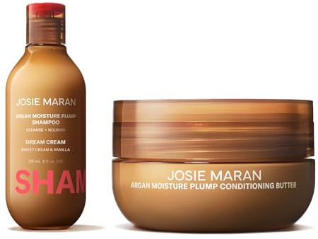 Josie Maran Love is in the Hair Kit - Includes Argan Moisture Plump Hair Shampoo & Conditioner Butter - Hydrating & Volumizing - Strengthens & Repairs Strands - Dream Cream (2 Piece Set)