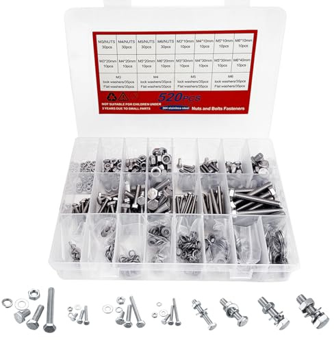 Juego de Tornillos y Tuercas, 520Piezas M3 M4 M5 M6 Juego de Tornillos y Tuercas y Arandelas Kit, 304 Acero Inoxidable Set de Surtido de tornillos, tuercas y Arandelas