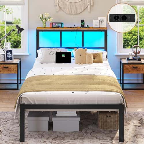Brinlawb Struttura Letto Singolo 90x200 cm con Luce LED e Stazione di Ricarica (2 Prese CA, 2 Porte USB) Struttura Letto 90x200 cm con struttura in metallo, Forte e stabile, Facile da montare, Moderno