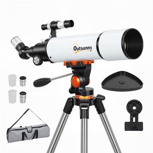 Outsunny Telescopio Astronomico con 80mm Apertura/500mm, 40X/16X Telescopio Rifrattore Portatile con Adattatore Telefono, Borsa da trasporto, Treppiede Regolabile in Altezza per Adulti, Bianco e Nero