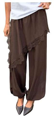 Verdusa Women's Lace Skirt Flowy Pants Wide Leg Balloon Pants Spring Outfits Brown Medium