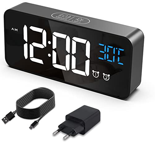 HERMIC Sveglia Digitale, Sveglia da Comodino con Temperatura, Orologio Digitale con 2 Allarme, Snooze, 4 Livelli di Luminosità, Controllo Vocale, USB Ricaricare, Sistema 12/24 Ore (Nero)