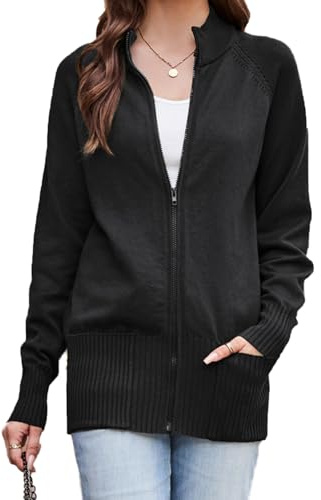 GRACE KARIN Gilet Long Femme Manche Longue Zip-up Cardigan Col Montant Elegant Décontracté