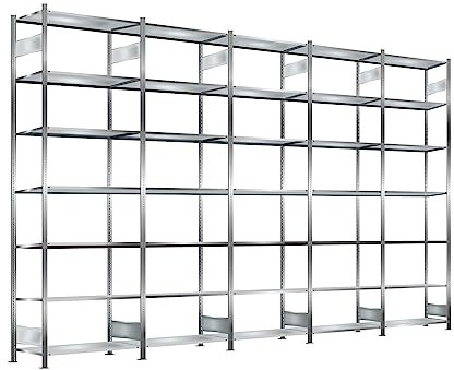 Steckregal, verzinkt, Breite 5 m, Höhe 3 m, Tiefe 0,8 m, 7 Böden, Fachlast 330 kg, beidseitig