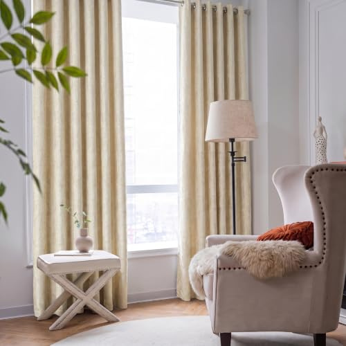 OpulentDreams Jacquard Curtains - Heavy Ring Top Window Curtains for Bedroom & Living Room - Fully Lined - Includes Two Tie Backs - Pair of Panels (Petal Cream - Eyelet, 66 x 72 (167 x 183 cm))
