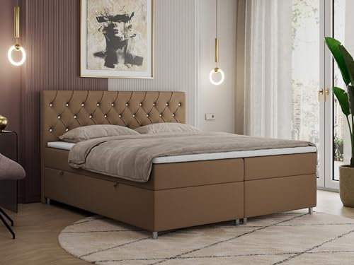 MKS MEBLE Boxspringbett 180x200 mit Bettkasten, Boxspringbett 180x200 mit Matratze, Doppelbett mit Matratze und Topper - Polsterbett mit Kopfteil - Stauraumbett - Roma 180x200 - H4 Braun Kunstleder