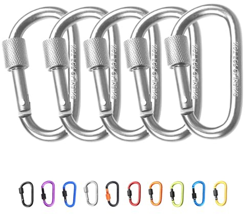 5 st karbinhakar med låsning, 7,8 cm/3 tum silver aluminiumlegering D-ring karbinhakar nyckellåsning nyckelkedja klämma krok för camping, vandring, resor, fiske, ryggsäck nyckelringar nyckelring