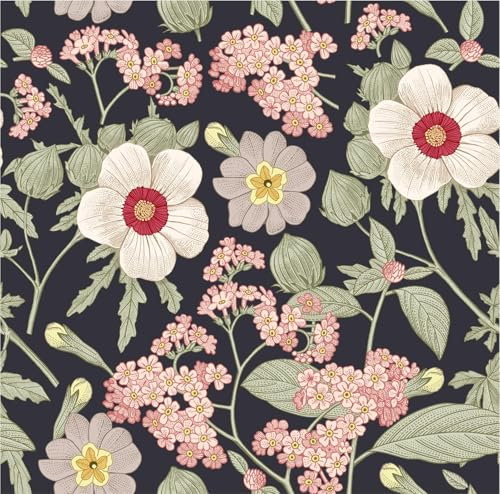 TULTOAP Papier peint autocollant Fleuri Noir Vintage Floral Papier Adhésif pour Meuble Papier Peint Chambre Armoire Salle de Bain Salon Decoratif Papier Adhesif(40 x 300 cm)