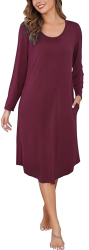 Wikoan Chemise de Nuit Femme à Manches Longues Chemises de Nuit Longue pour Femmes avec Poches Vêtements de Nuit Confortable Robe de Nuit S-XXL