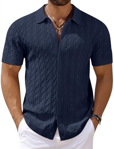 COOFANDY Mens Cotton Knit Shirt Short Sleeve Button Down Shirts Summer Solid Golf Polo Shirts Spring Regular Fit Shirts Navy Blue