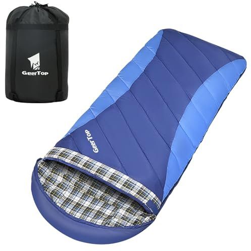 GEERTOP Saco de dormir de franela para adultos XXL, saco de dormir grande y ancho para acampar para 4 estaciones, saco de dormir de 0 grados para clima frío de invierno (azul)