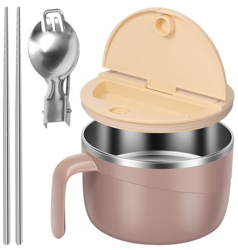Ramen Schüssel mit Deckel 1200ml, Instant-Nudeln Schüssel Edelstahl, mit Abluftfilter Wasserauslass, Griff, Faltbarem Löffel Essstäbchen, Ramenschüssel Instant für Kochen Nudeln (Khaki)