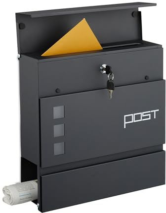 Relaxdays Briefkasten mit Zeitungsfach, HxBxT: 37 x 37 x 12 cm, Eisen, 4 Schlüssel, Postkasten mit Aufschrift, anthrazit