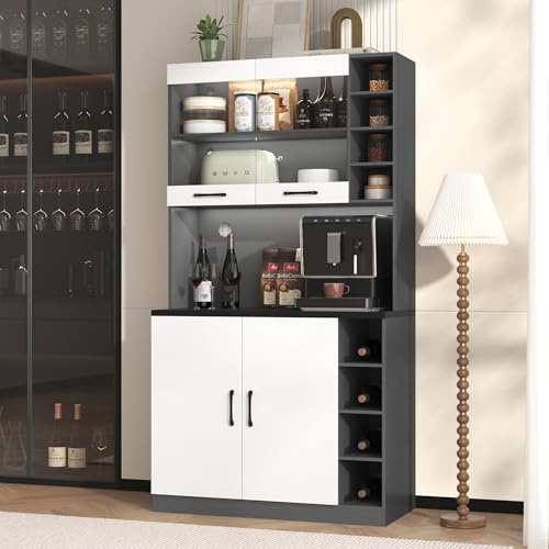 100 x 47 x 187 cm. Armario de cocina buffet con iluminación LED ambiental y agujeros para cables. Tabla de cocina de madera. Gran espacio para microondas. Independiente. Estantes laterales ajustables