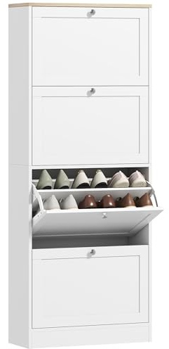 HOMCOM Shoe Cabinet with 4 Flip Drawers, Narrow Shoe Storage Cabinet, Freestanding Slim Shoe Rack for Entryway, Hallway, White