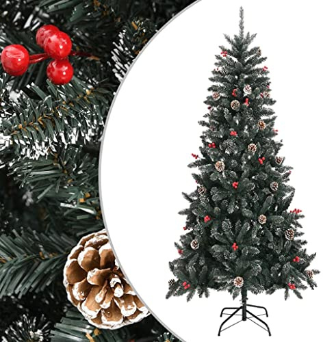 YunCangg Konstgjord julgran 240 cm grön med stativ, vikbar, naturtrogen, med kottar, bär och vit snö, PVC-gran för vardagsrum, kontor och festlig vinterdekoration
