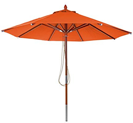 Mendler Gastronomie Holz-Sonnenschirm HWC-C57, Gartenschirm, Polyester/Holz 14kg, rund Ø3m Seilzug stoßsicher - terracotta