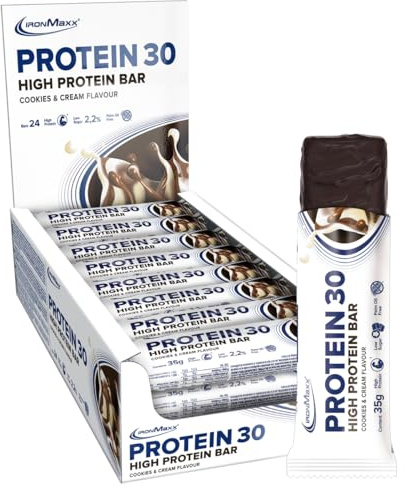 IronMaxx Protein 30 Eiweißriegel – Cookies & Cream - 24x35g | High Protein Bar 30% Eiweiß, Low Carb & zuckerreduziert | Vitaminreicher Fitness Snack für Muskelaufbau & Diät