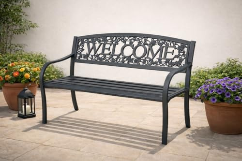 GardenCo 2 Seat Welcome Garden Bench - Indoor and Outdoor Metal Iron Furniture in Matt Anthracite