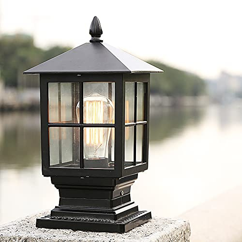 Mengjay Trade Outdoor lamp, Pedestal lamp in Antique Look, cast Aluminum in Black/Gold with Clear Glass panes, Retro/Vintage Garden lamp, 1-Flame Outdoor lamp, E27 IP44. (Black)
